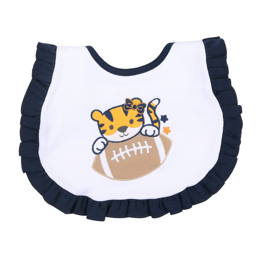 Magnolia Baby Tiger Football App Navy/Orange Ruffle Bib