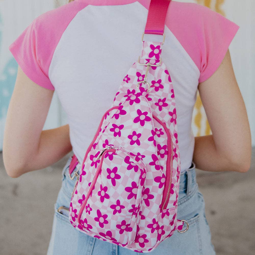 Katydid Sling Bag Pink Flower Groovy Checkered