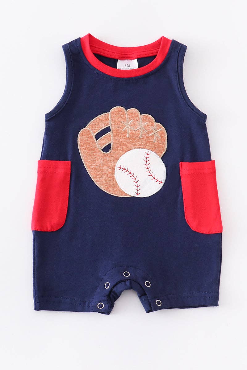 Navy Baseball Applique Pocket Boy Romper