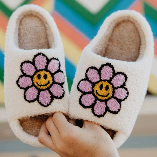 Katydid Open Toe Slippers Lavender Daisy Happy Face