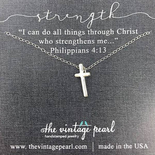 The Vintage Pearl Phil. 4:13 Strength Cross Necklace